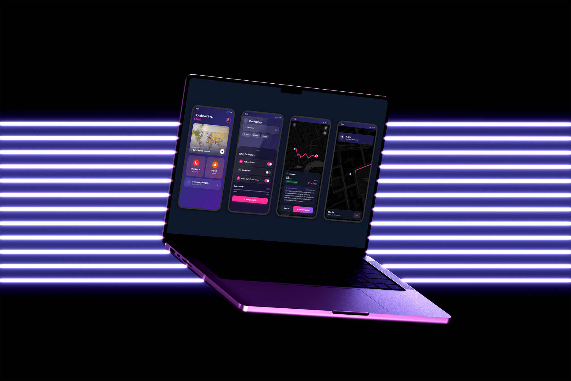 Hero image of a laptop screen showcasing the mobile app prototype's four-screen user flow. The screens demonstrate the safety app's core functionality, presented against a dark, futuristic background with neon purple lighting.