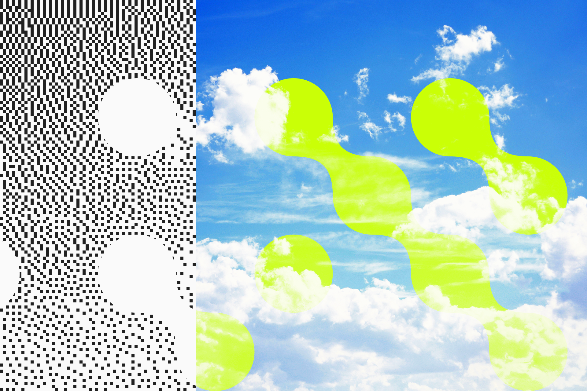 Hero image showing the dot pattern treatment: on the left, a dithered black-and-white version of a sky photo with the dot pattern placed on top in white, and on the right, the full-colour sky photo with the dot pattern embedded in fluorescent green.